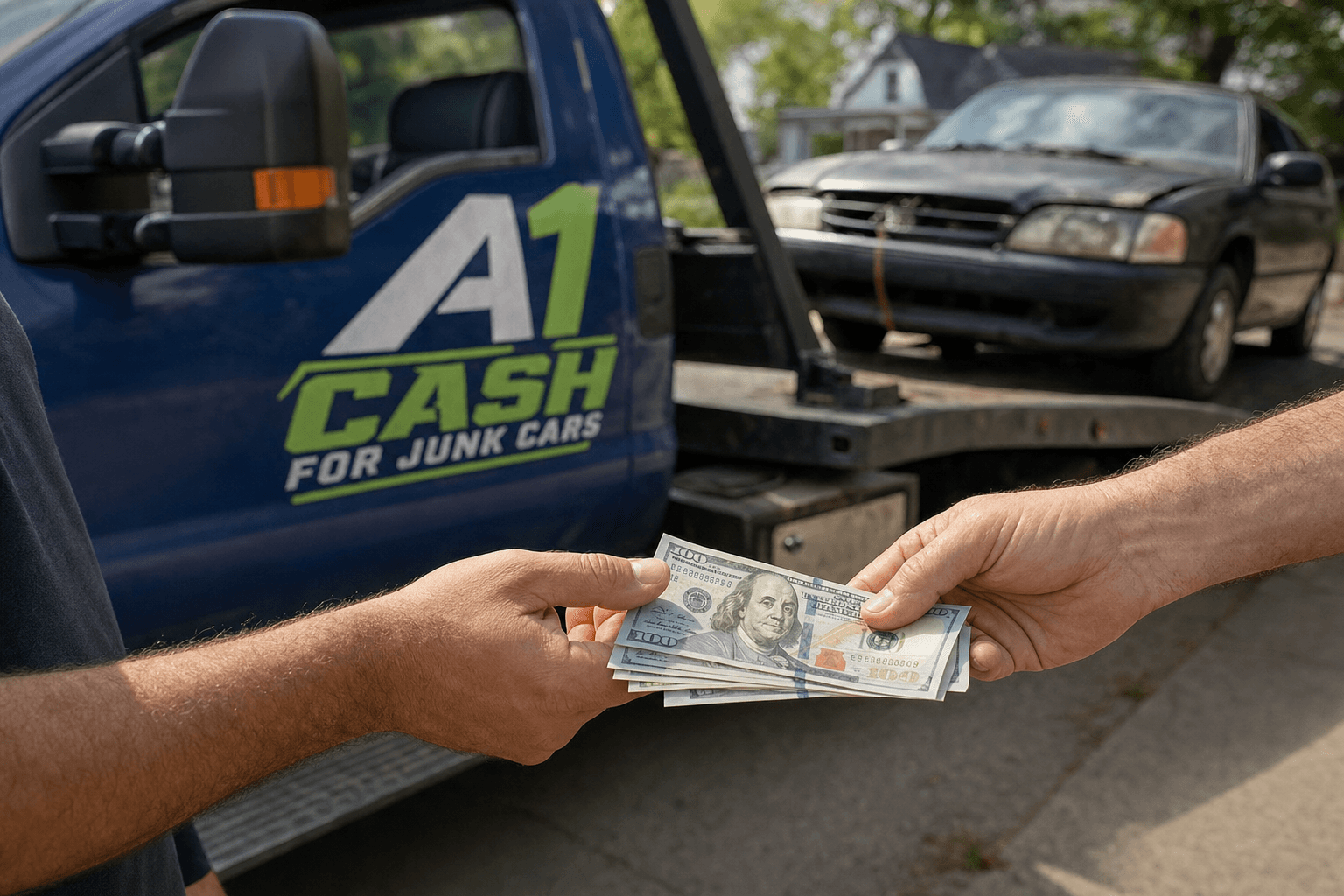 Handing cash to a car owner for their junk vehicle