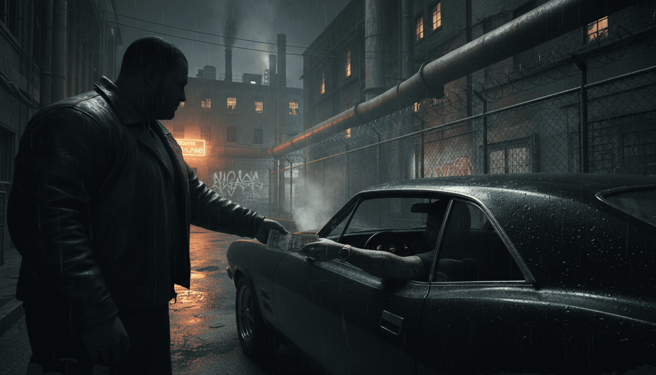Hand holding cash in front of a junk car in an industrial Detroit setting