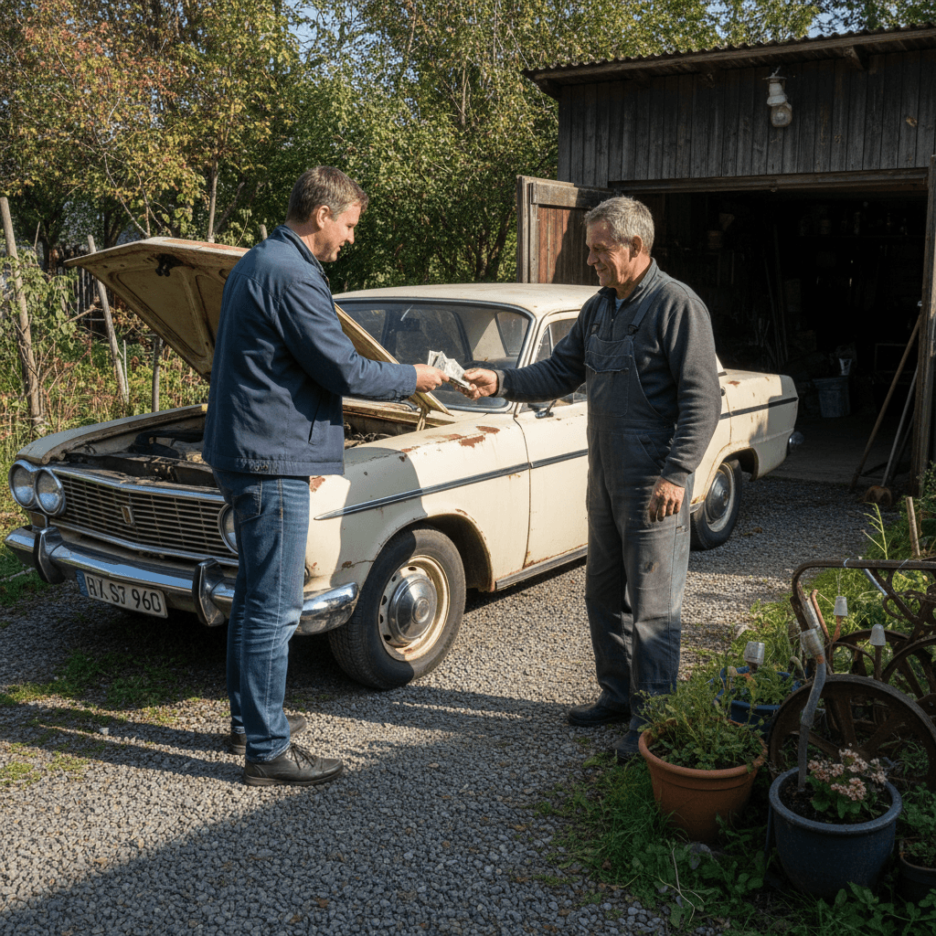 Hands exchanging cash for car keys next to an old sedan
