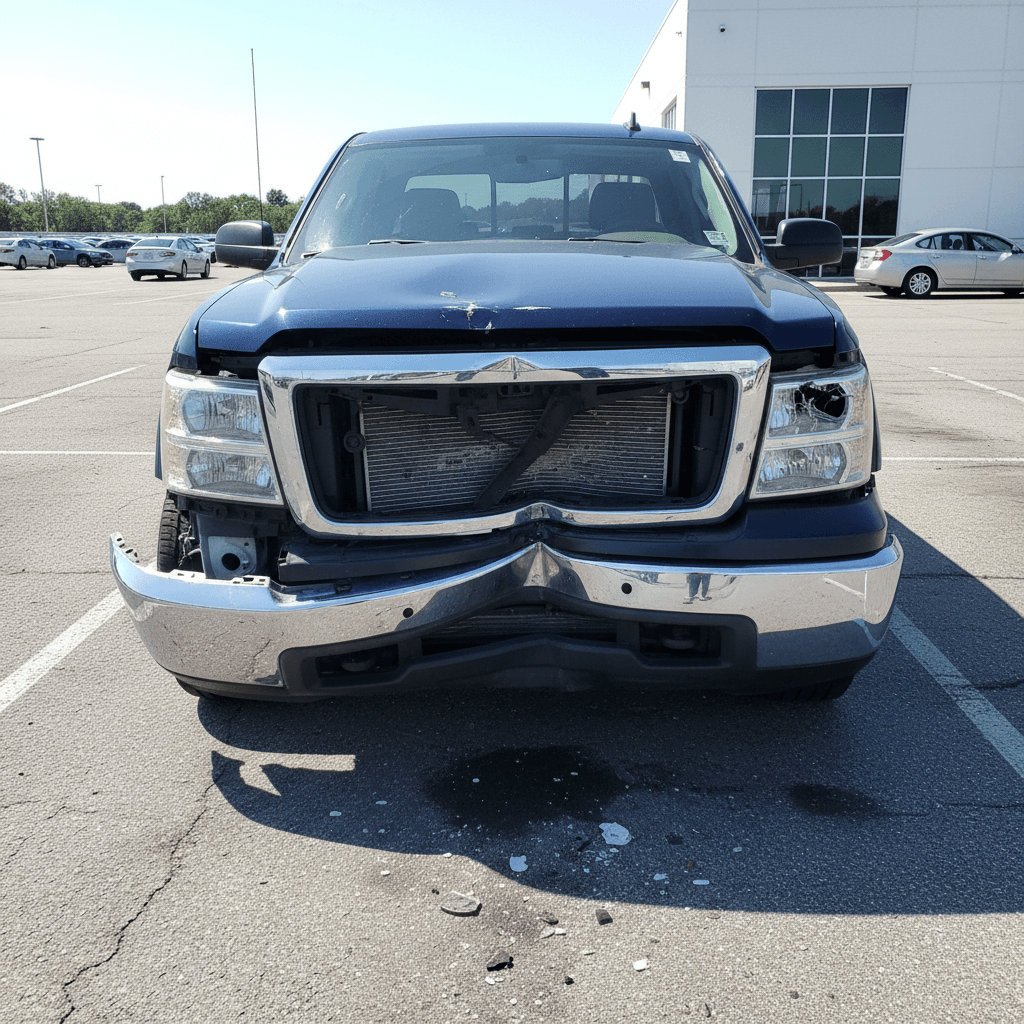 Pickup truck with crumpled front bumper and hood