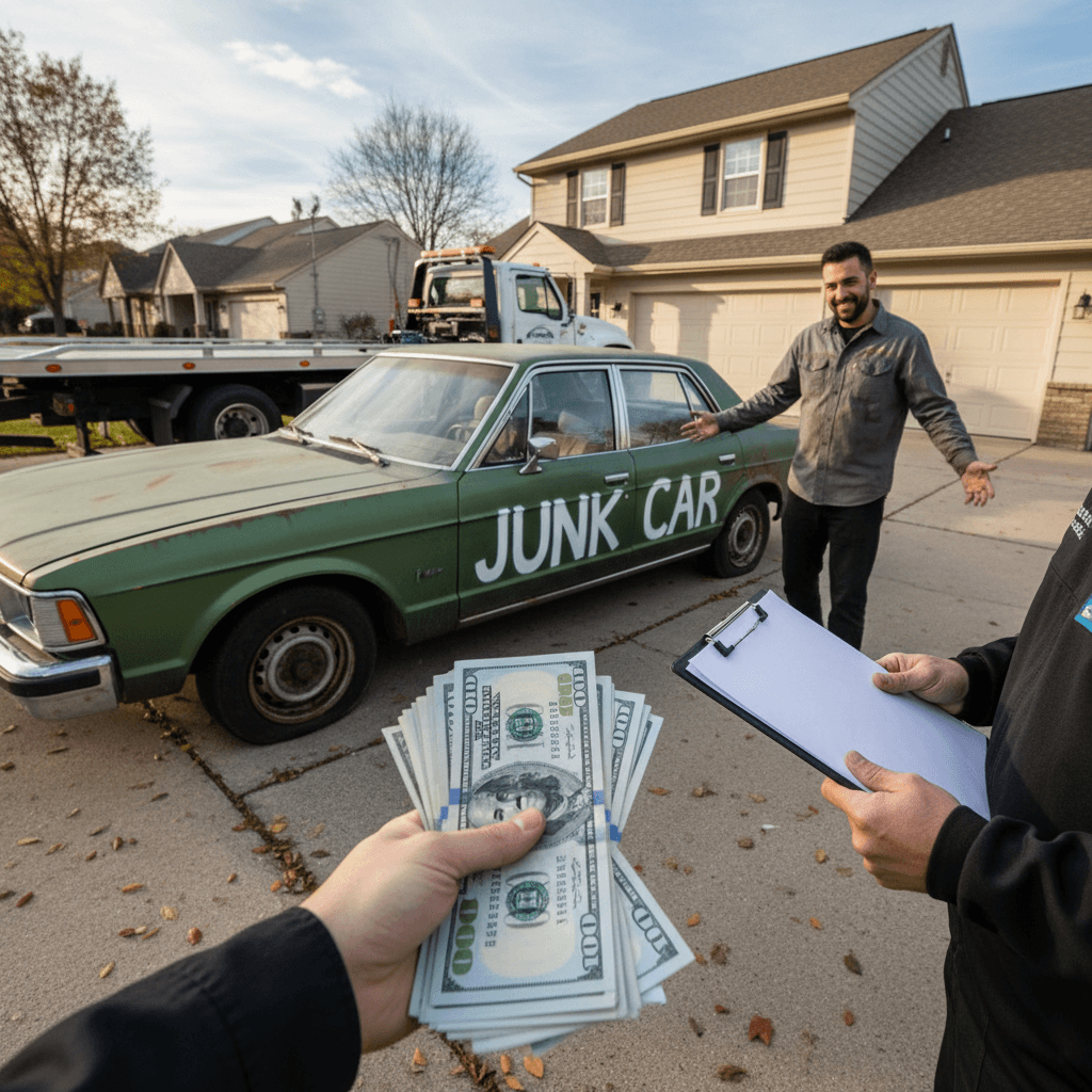 Handing cash to car owner after buying their junk car