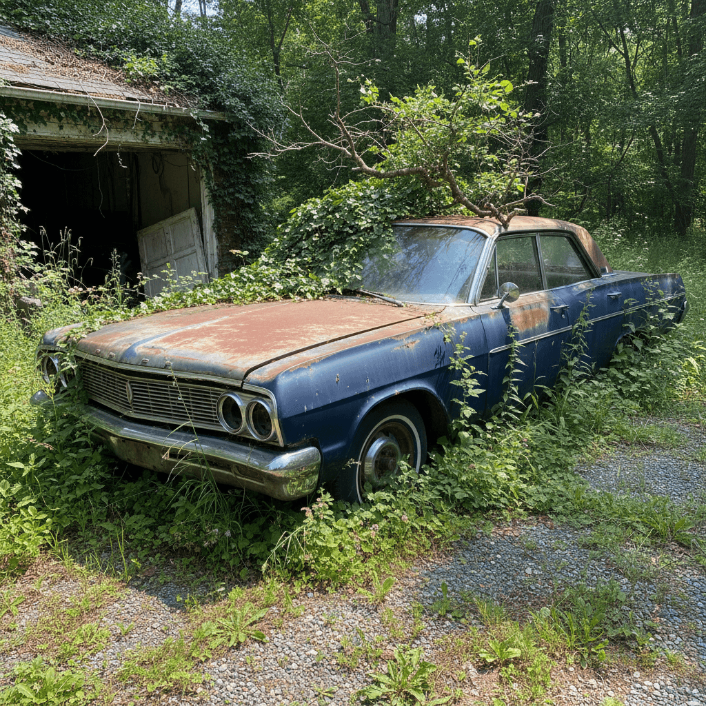Old sedan with rust and flat tires parked on grass