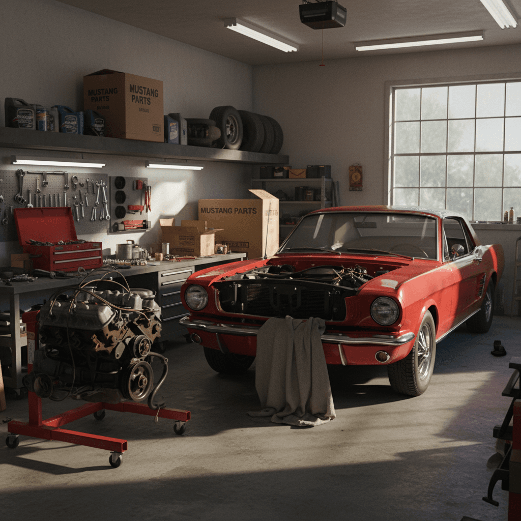 Classic car in garage with engine removed and parts on workbench