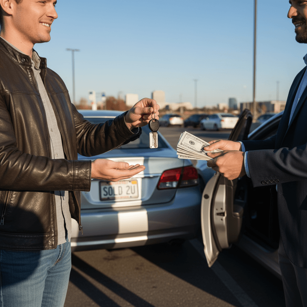 person handing car keys to buyer receiving cash at pickup