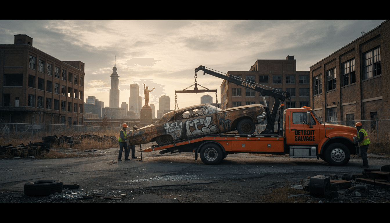 Junk car being loaded for same-day pickup