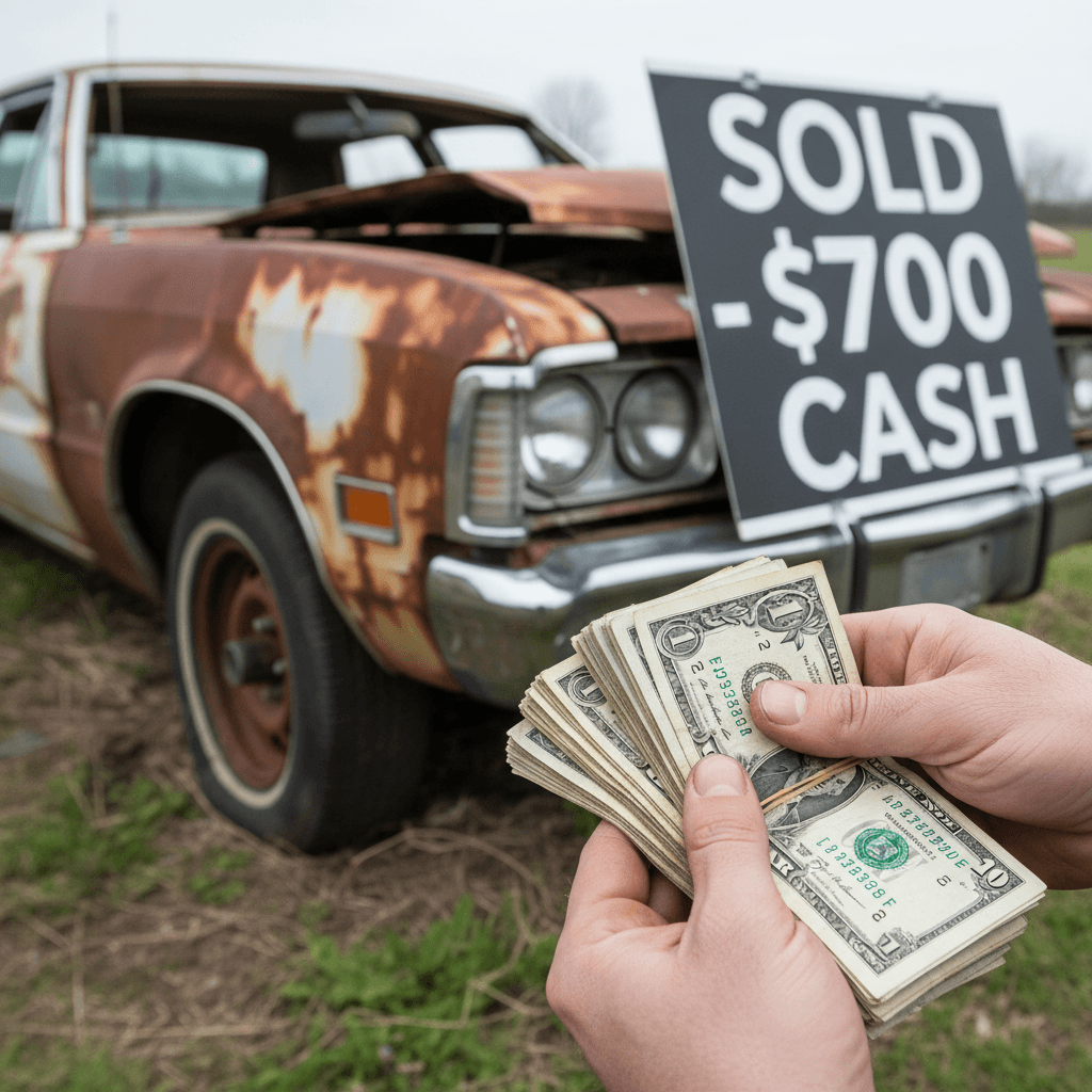 Seller holding cash payment after junk car pickup