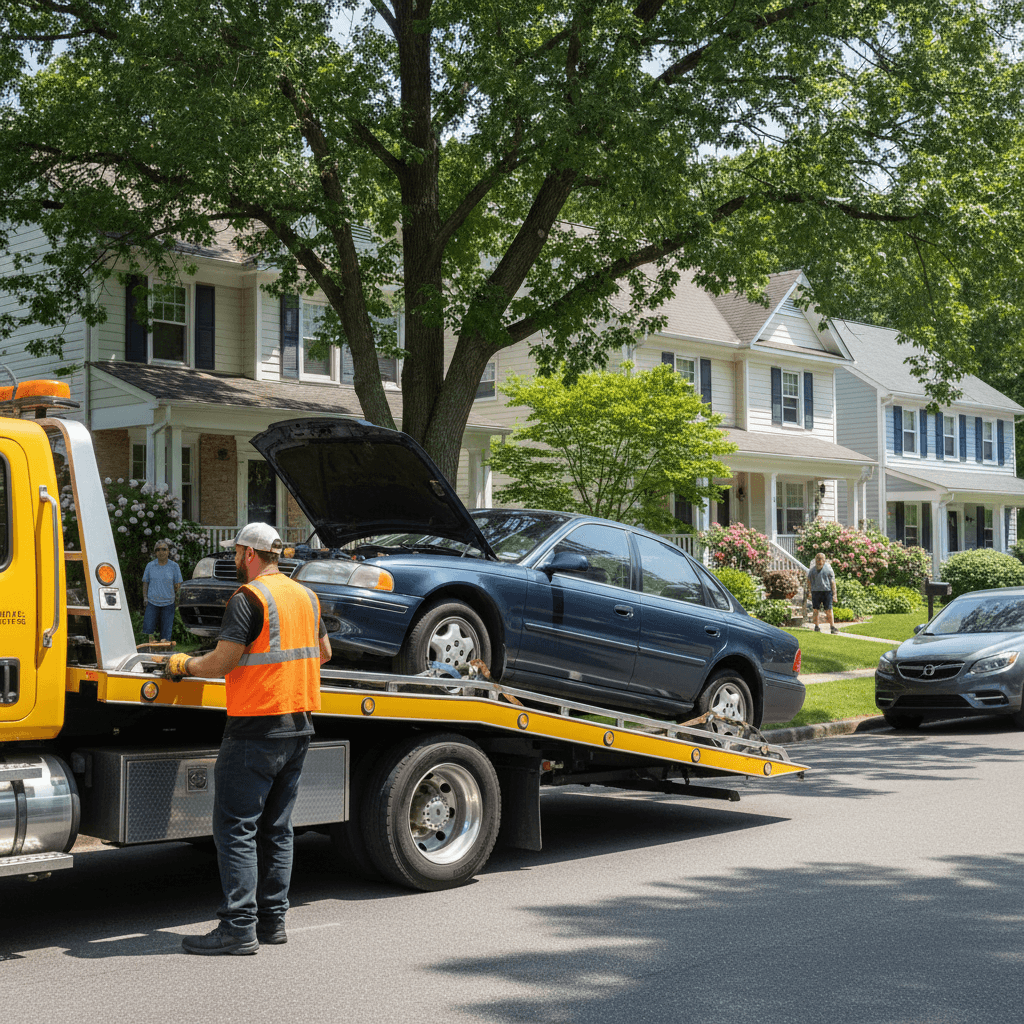 Tow truck winching a non-running sedan in front of a suburban home