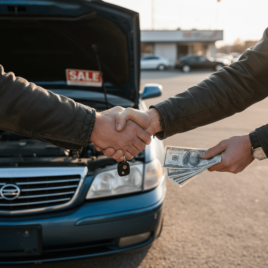 Handshake exchanging car keys and cash for used car sale