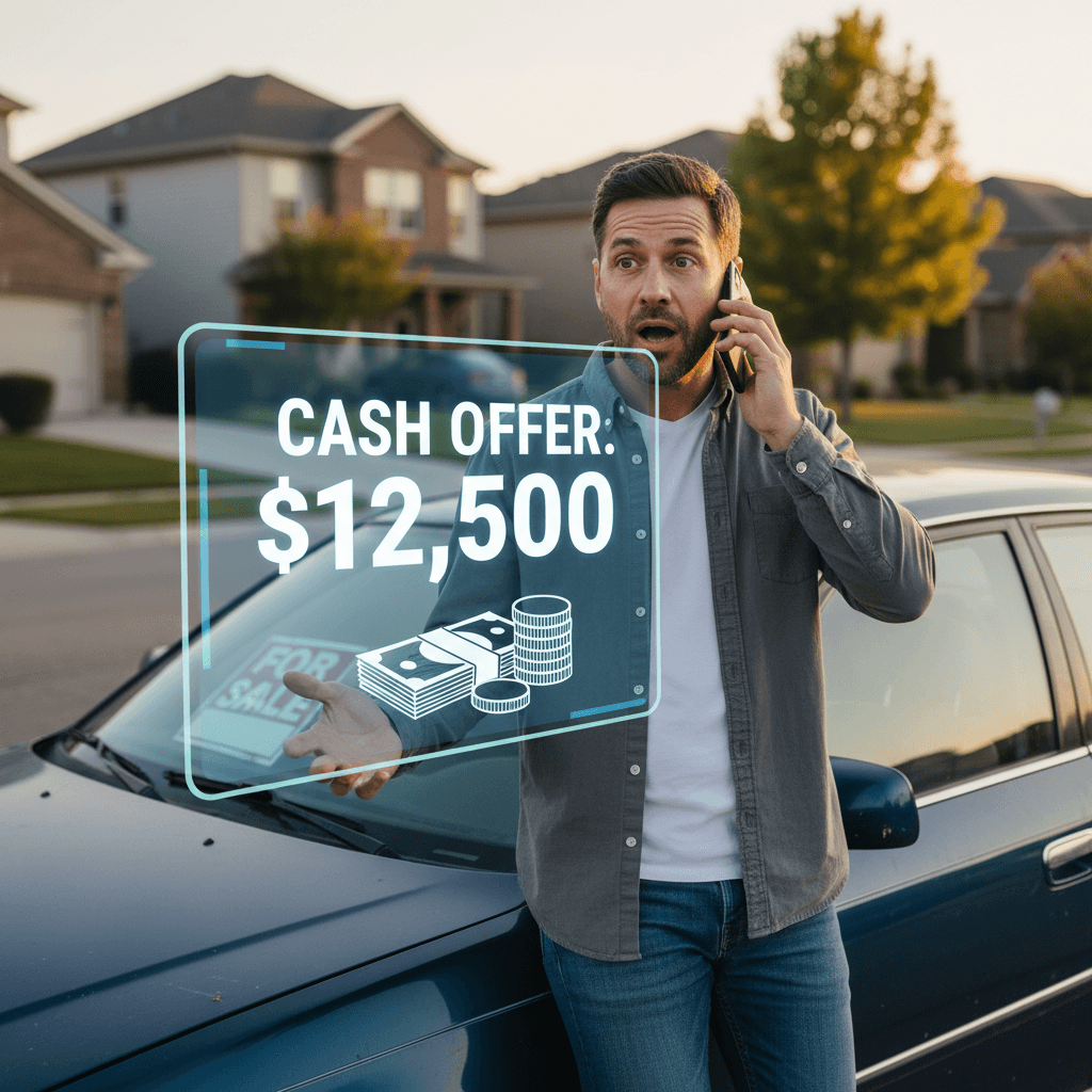 Seller on the phone receiving a cash offer for their car