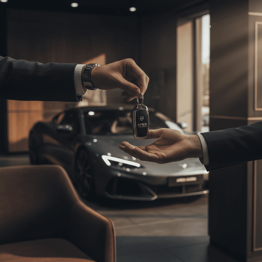 Person handing car keys to a buyer in a driveway